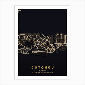 Cotonou Benin Black And Gold Map Art Print