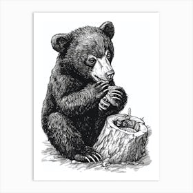Malayan Sun Bear Cub Playing With A Beehive Ink Illustration 3 Art Print