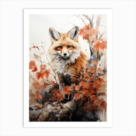 Fox, Japanese Brush Painting, Ukiyo E, Minimal 3 Art Print