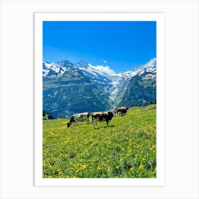 Cows Grazing On Lush Green Pastures Dotted With Pretty Wildflowers In A Switzerland Alpine Landsca Art Print