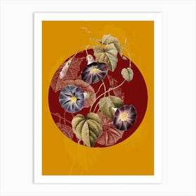 Vintage Botanical Morning Glory Spomaea Quamodit on Circle Red on Yellow n.0037 Art Print