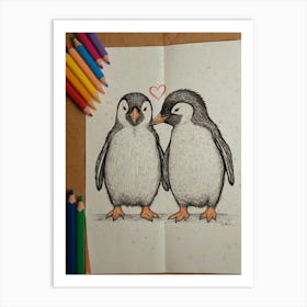 Penguins In Love Art Print