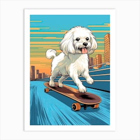 Maltese Dog Skateboarding Illustration 4 Art Print