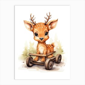 Baby Deer On Toy Car, Watercolour Nursery 2 Art Print