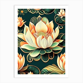 Lotus Flower Pattern Retro Illustration 1 Art Print