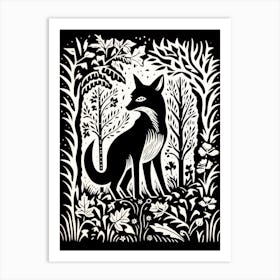 Fox In The Forest Linocut Illustration 2  Art Print