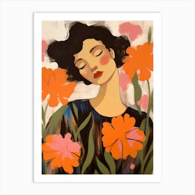 Woman With Autumnal Flowers Carnation 2 Art Print