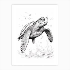 Realistic Line Illustration Of Sea Turtle Art Print