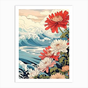 Great Wave With Dahlberg Daisy Flower Drawing In The Style Of Ukiyo E 3 Art Print