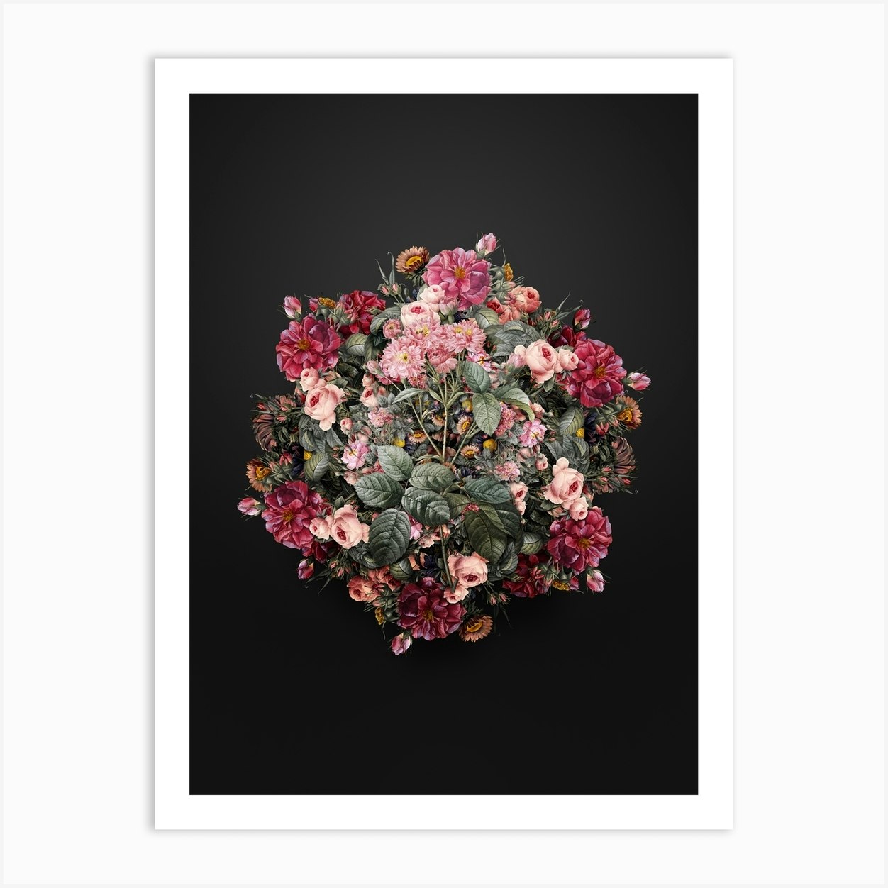 Vintage Pink Noisette Roses Flower Wreath on Wrought Iron Black n
