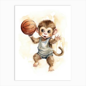 Monkey Painting Playing Basketball Watercolour 3 Art Print