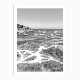 Black And White Photo Of Boats In The Bay Art Print