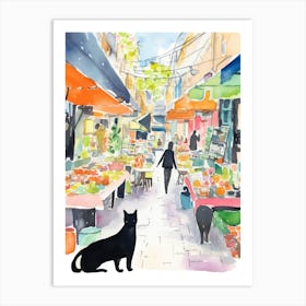 Food Market With Cats In Kyoto 4 Watercolour Art Print