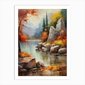 Autumn Lake,Forest Lake, Vintage Oil Painting, Farmhouse Wall Decorations, Antique Landscape, Vintage Landscape Oil Painting.7 5 Art Print