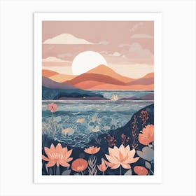 Sunset With Lotus Flowers Art Print