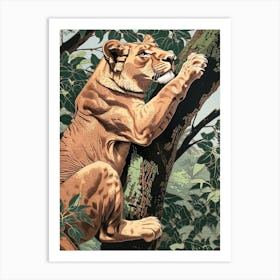 Barbary Lion Relief Illustration Climbing A Tree 4 Art Print