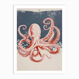Retro Linocut Inspired Red & Navy Octopus 4 Art Print