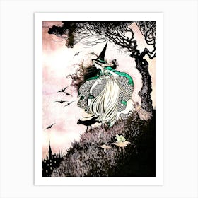 The Little Witch by Ida Rentoul Outhwaite - Remastered Illustration in Black and Pink - Green Witch With A Broomstick, Frog and Black Cat - Fairytale Vintage Victorian Witchcore Famous Witchy Cottagecore Fairycore Art Print