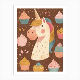 Unicorn With Cupcakes Mocha Muted Pastels 1 Art Print