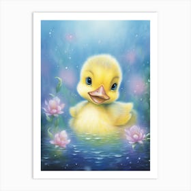 Cute Duckling In The Pond At Night Illustration 2 Art Print