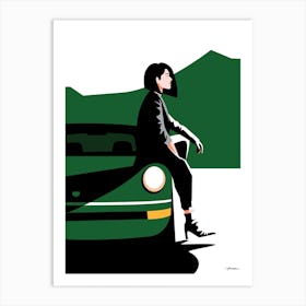 Woman sitting on a Classic Porsche 911 - forest green - vintage retro Art Print