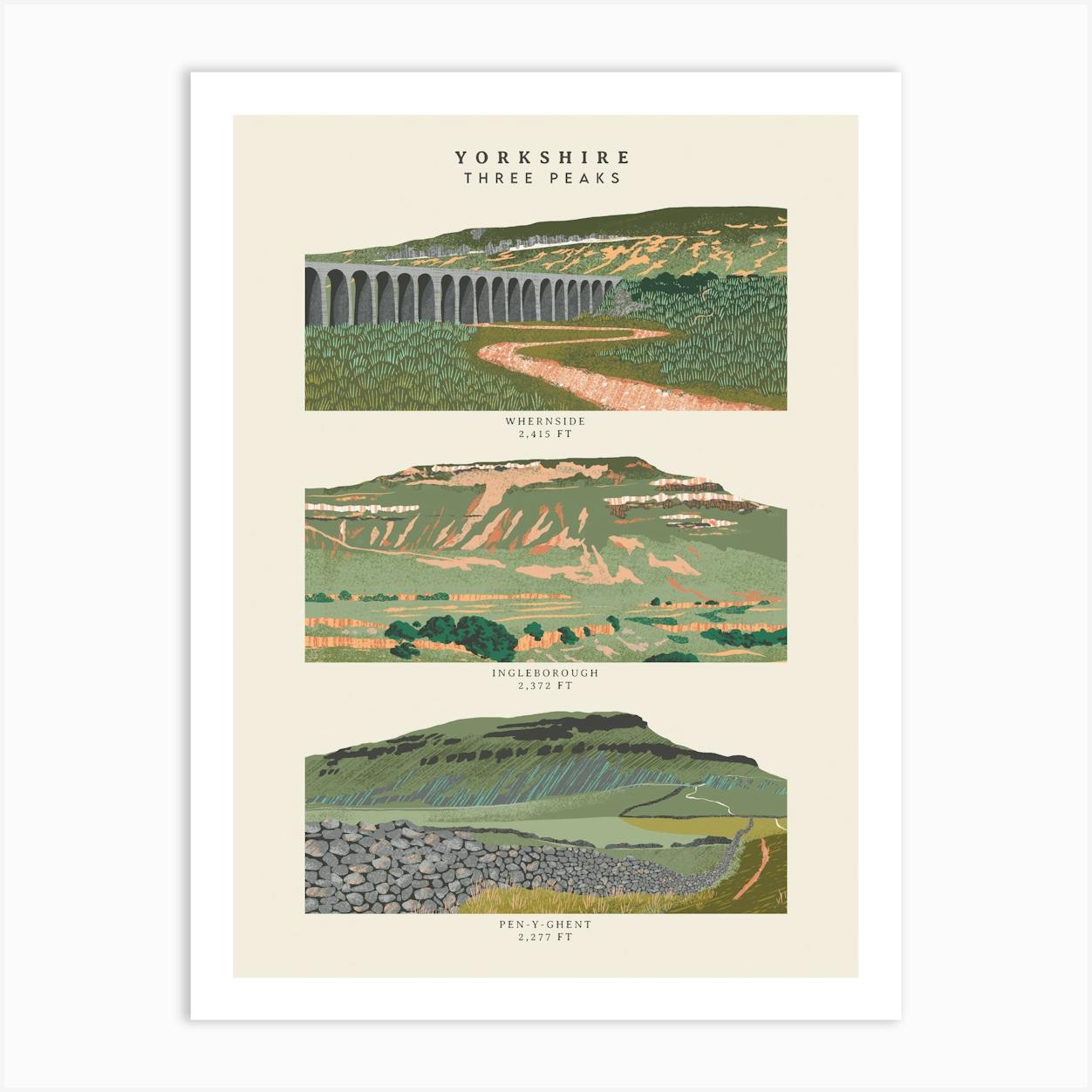 Yorkshire Three Peaks Art Print - 30x40cm Framed, Oak