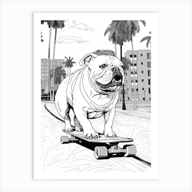 English Bulldog Dog Skateboarding Line Art 3 Art Print