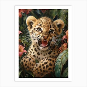 A Happy Front faced Leopard Cub In Tropical Flowers 16 Art Print