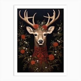 Deer Portrait With Rustic Flowers 3 Art Print