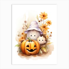 Cute Ghost With Pumpkins Halloween Watercolour 7 Art Print