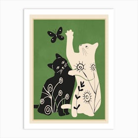 Abstract Floral Cats 1 Art Print
