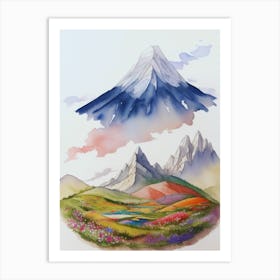 Watercolor Of Two Mountains And Flowers Art Print