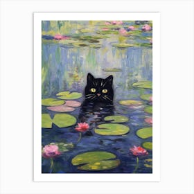 Water Lilies And A Black Cat Inspired By Monet 3 Art Print