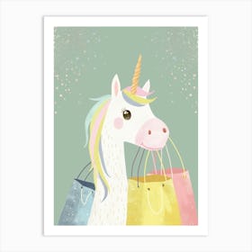 Pastel Storybook Style Unicorn With Shopping Bags 1 Art Print