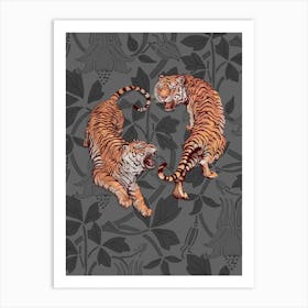Tigers Floral Vintage Twist Illustration Grey Art Print