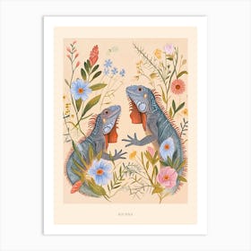 Folksy Floral Animal Drawing Iguana 3 Poster Art Print