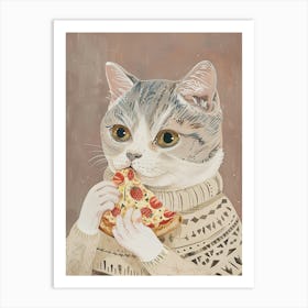 Grey And White Cat Pizza Lover Folk Illustration 4 Art Print