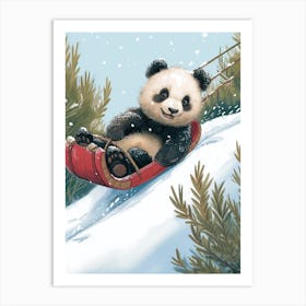 Giant Panda Cub Sledding Down A Snowy Hill Storybook Illustration 2 Art Print