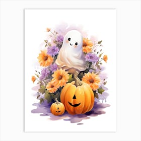 Cute Ghost With Pumpkins Halloween Watercolour 114 Art Print