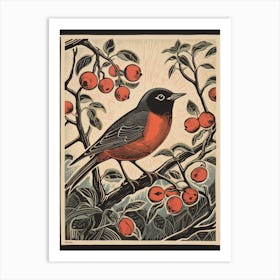 Vintage Bird Linocut European Robin 2 Art Print