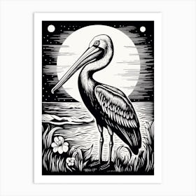 B&W Bird Linocut Pelican 4 Art Print