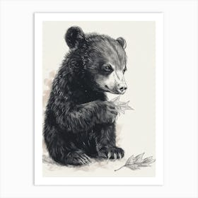 Malayan Sun Bear Cub Playing With A Fallen Leaf Ink Illustration 3 Art Print