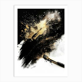 Black And Gold Paint Brush On Black Background Art Print