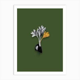Vintage Autumn Crocus Black and White Gold Leaf Floral Art on Olive Green n.0414 Art Print
