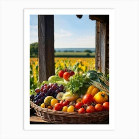 Assorted Vegetables And Fruits From A Fresh Farm Harvest Arranged In A Rustic Wicker Basket Overfl Art Print