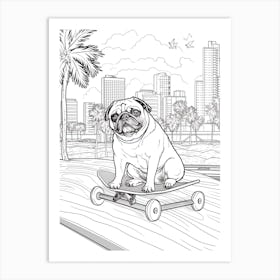 Pug Dog Skateboarding Line Art 3 Art Print