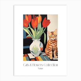 Cats & Flowers Collection Tulip Flower Vase And A Cat, A Painting In The Style Of Matisse 1 Art Print