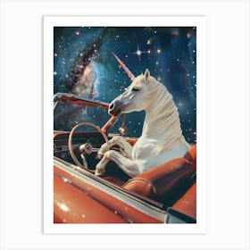 Unicorn Driving A Retro Car In Space 2 Art Print