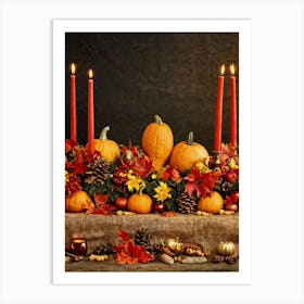 Autumn Harvest Table Centerpiece Overflowing With Gourds And Pumpkins Surrounded By Red And Gold C 2 1 Art Print