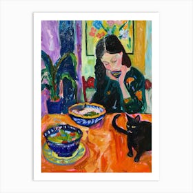 Girl With Cats Eating Noodles Art Print